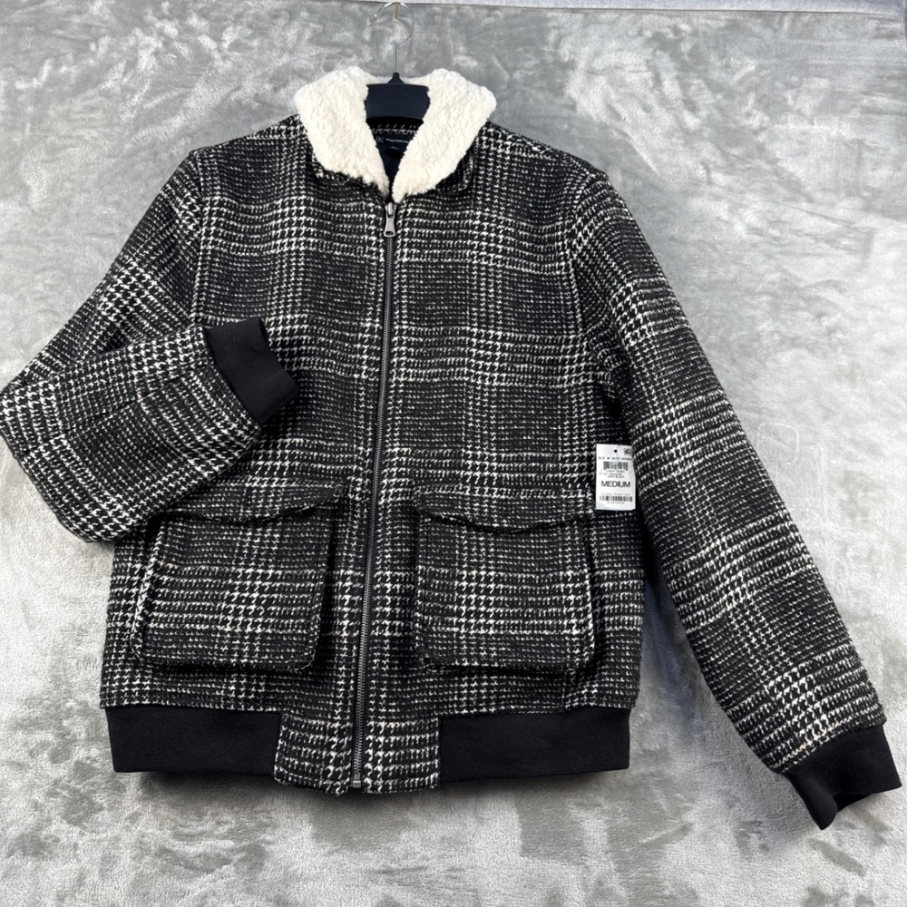 INC Jacket Mens Medium Bomber Deep Black Houndstooth Faux Shearling NEW